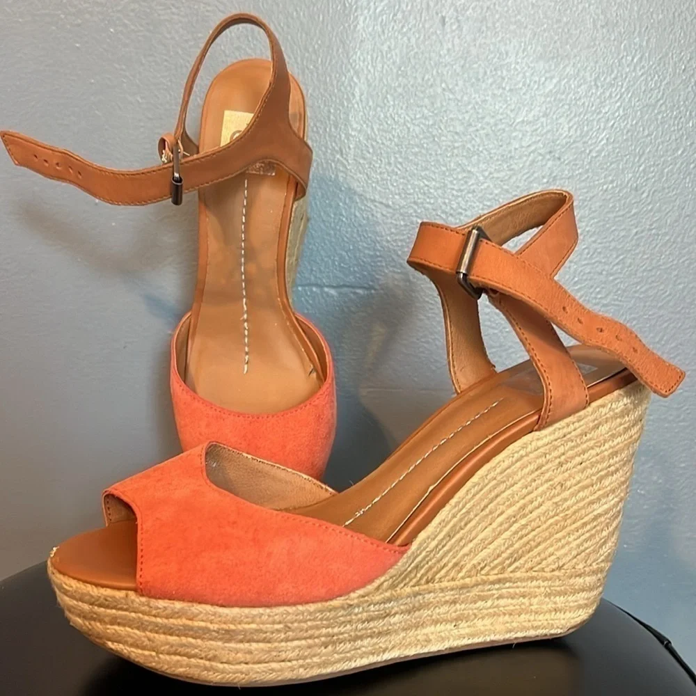 Dolce Vita Espadrille Wedge Heels, faux suede, orange and brown, women’s size 8
